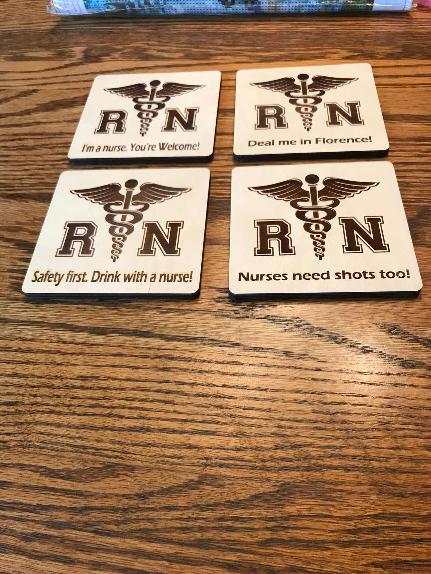 RN natural wood laser-cut coasters for nurses