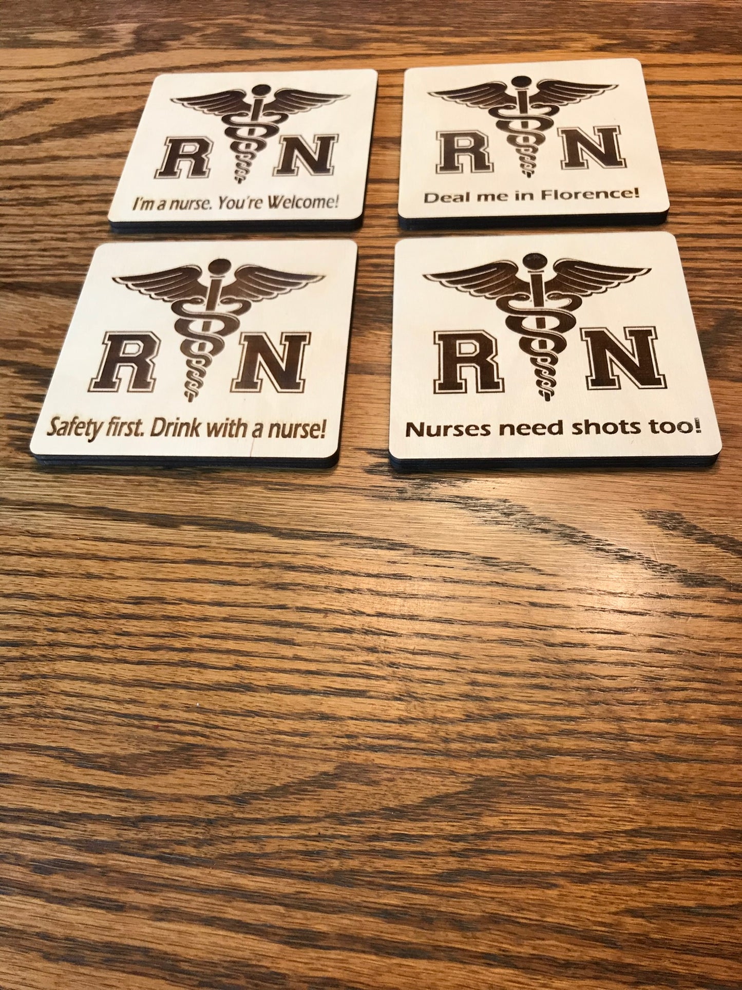 RN natural wood laser-cut coasters for nurses