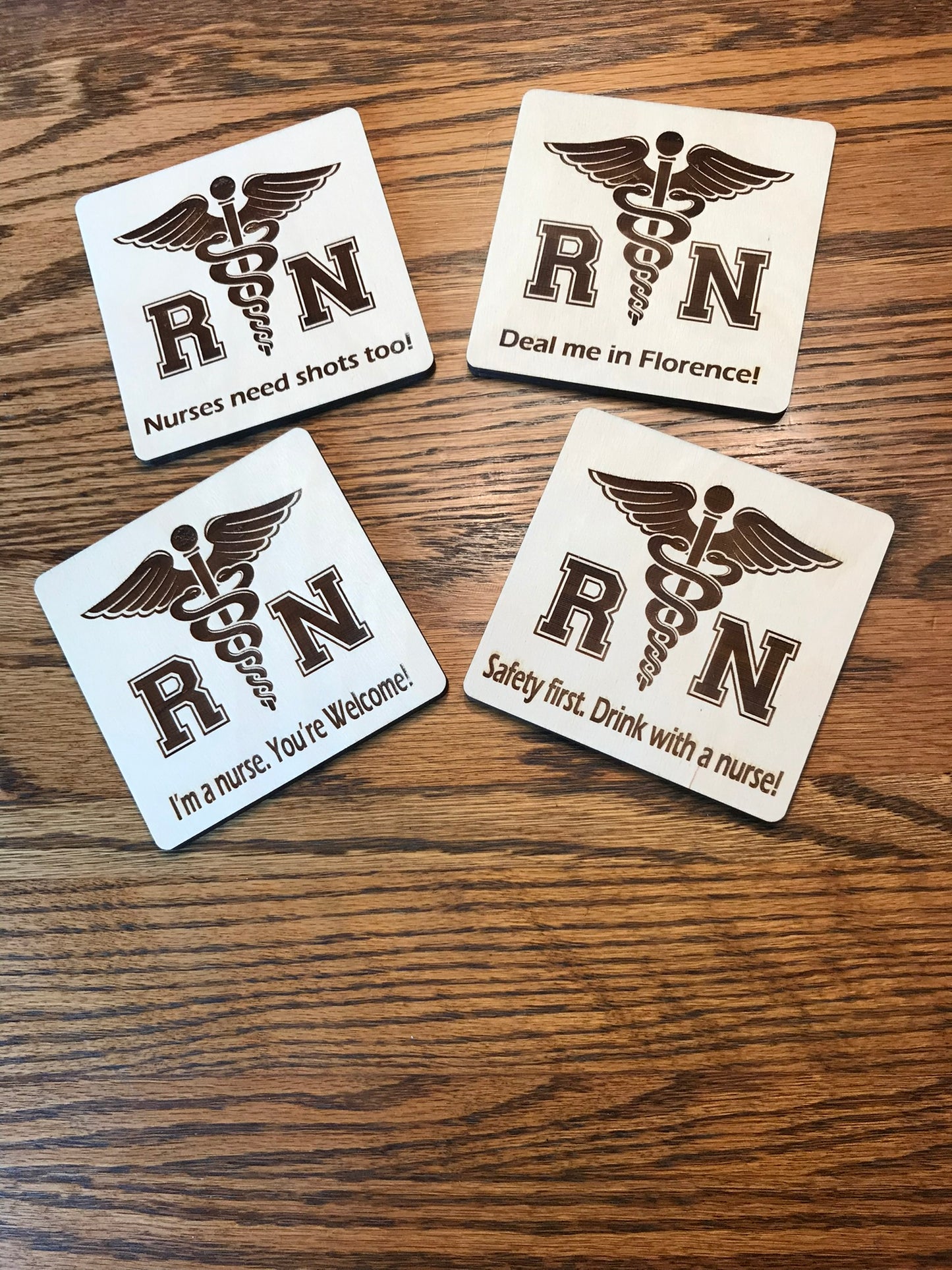 RN natural wood laser-cut coasters for nurses