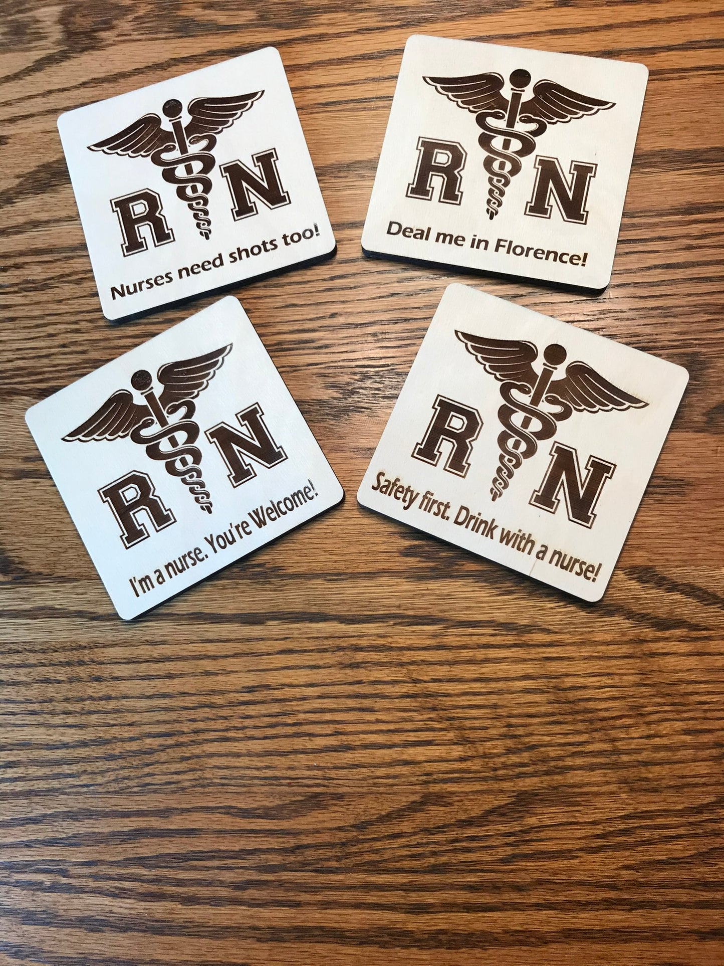 RN natural wood laser-cut coasters for nurses