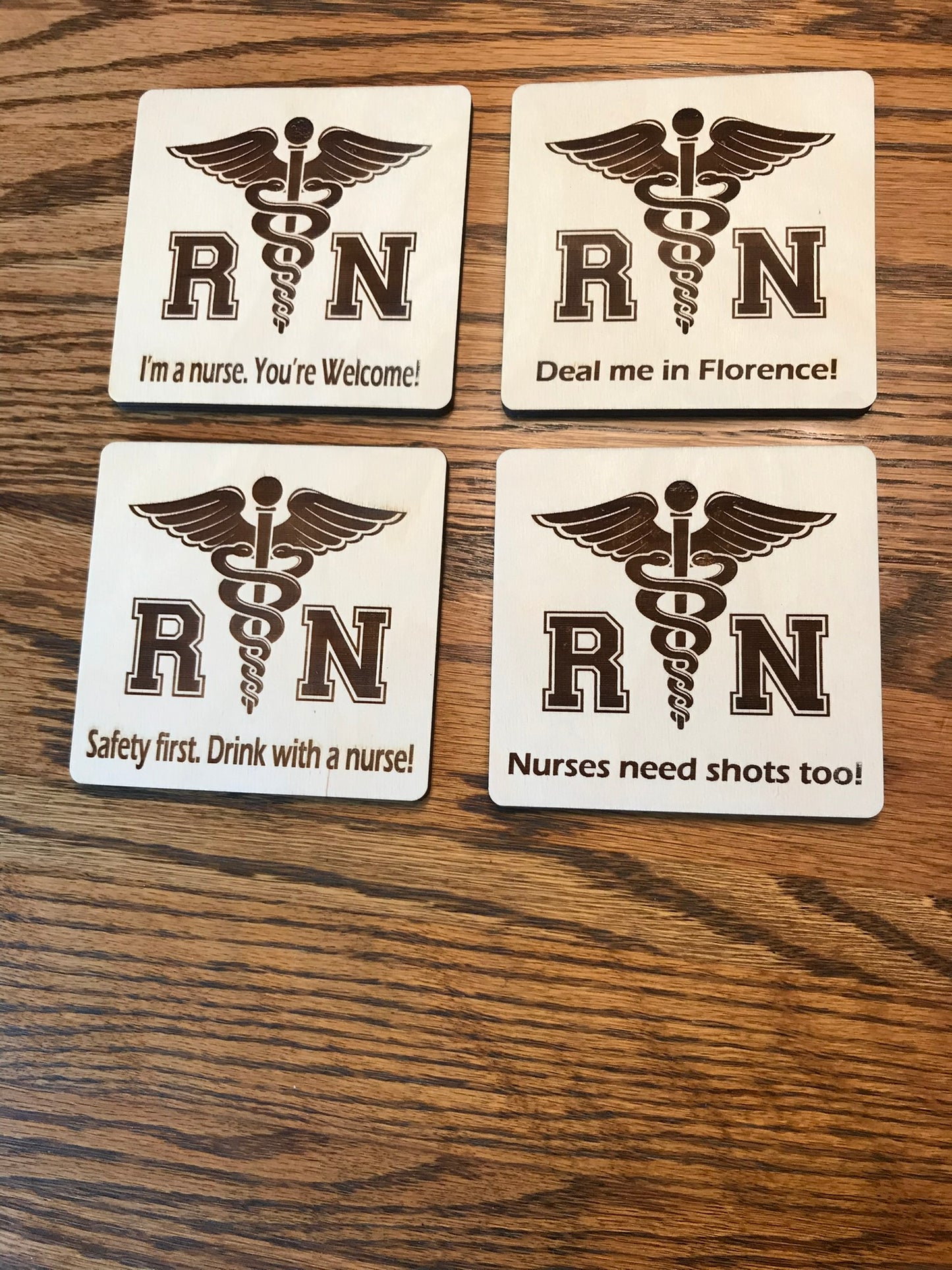 RN natural wood laser-cut coasters for nurses
