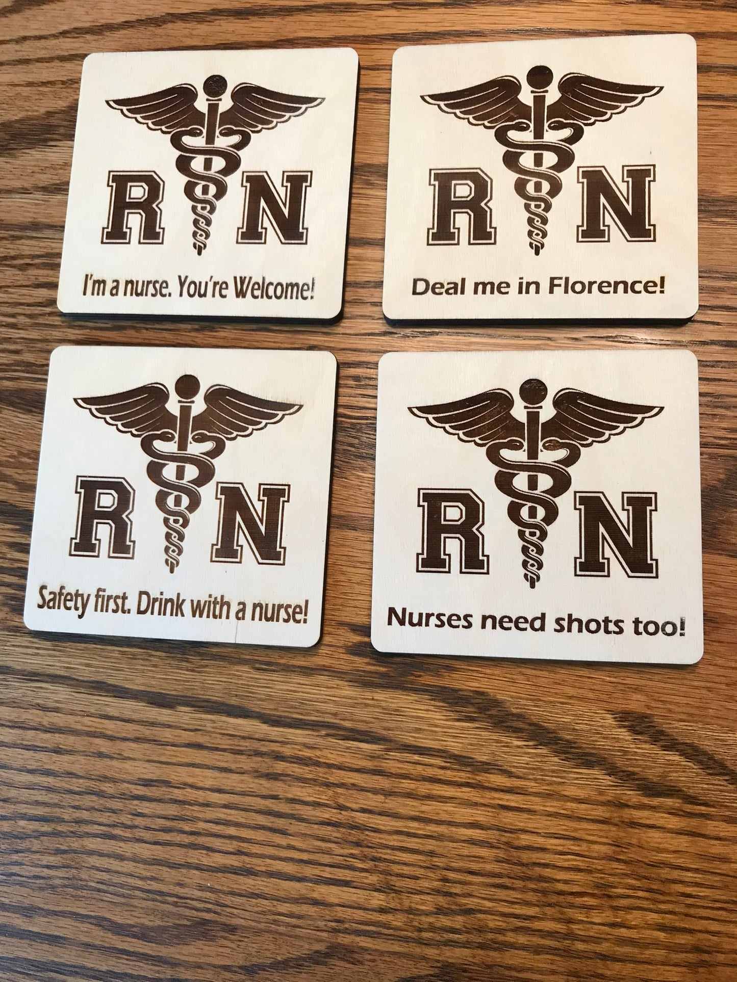 RN natural wood laser-cut coasters for nurses