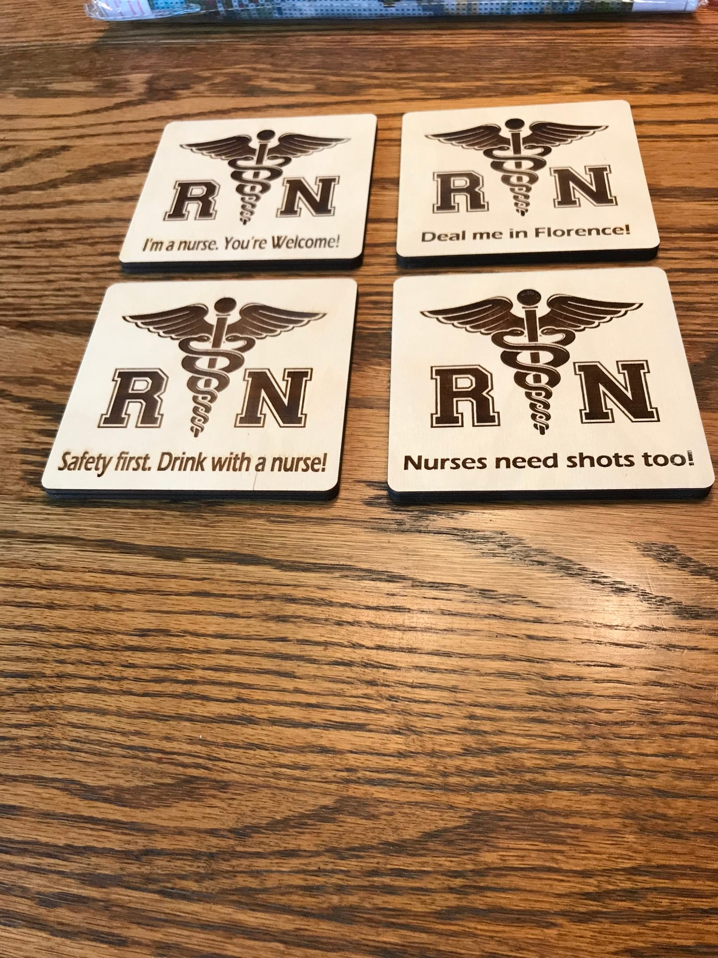 RN natural wood laser-cut coasters for nurses